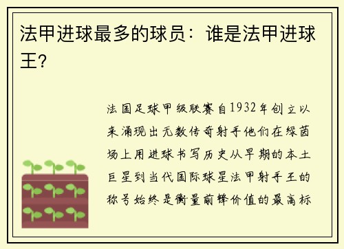 法甲进球最多的球员：谁是法甲进球王？