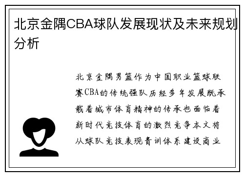 北京金隅CBA球队发展现状及未来规划分析