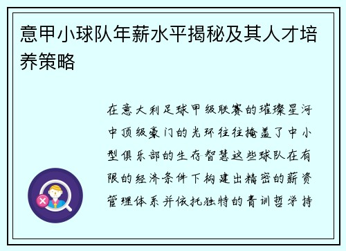 意甲小球队年薪水平揭秘及其人才培养策略